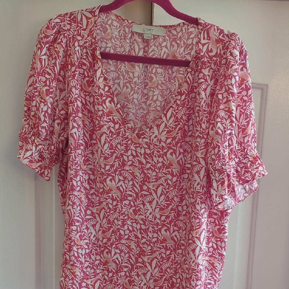 LOFT Vivid Pink and White Patterned Blouse